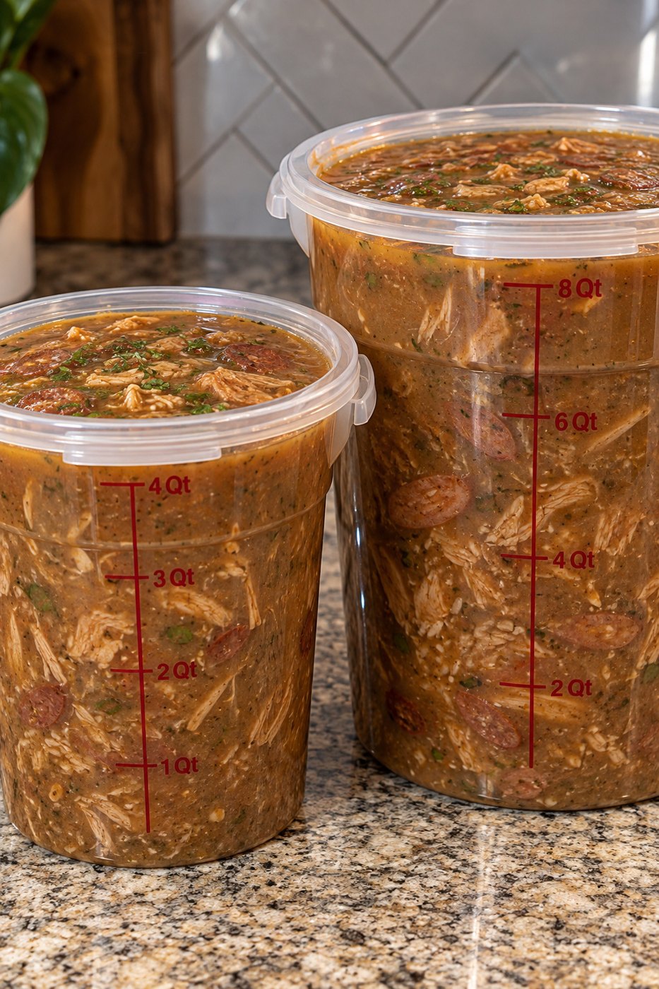 4 quart and 8 quart containers of chicken and sausage gumbo side by side