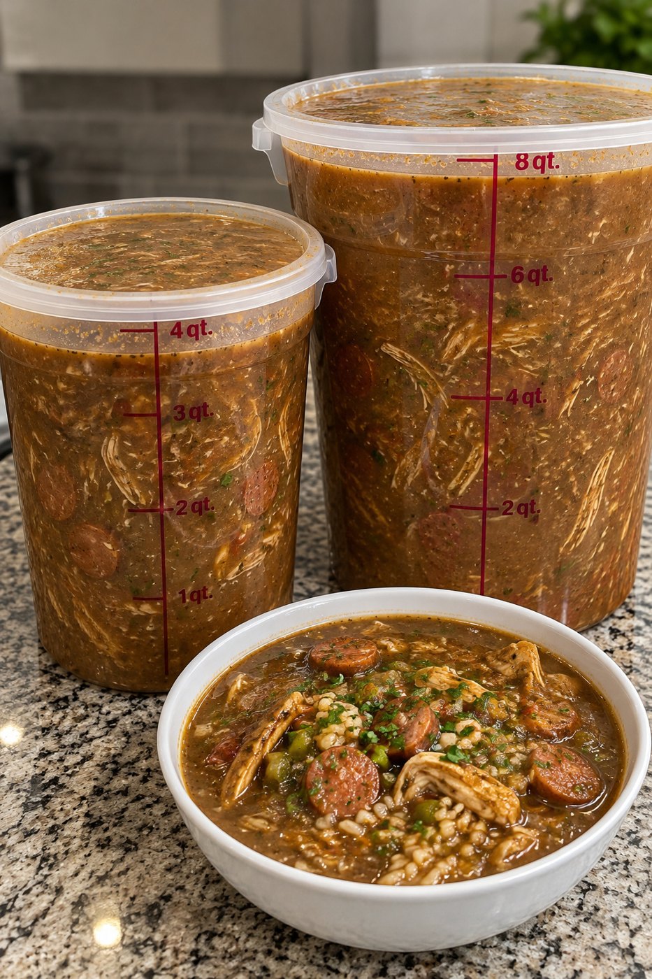 Chicken and sausage gumbo in a 4 quart and an 8 quart container, with a bowl served