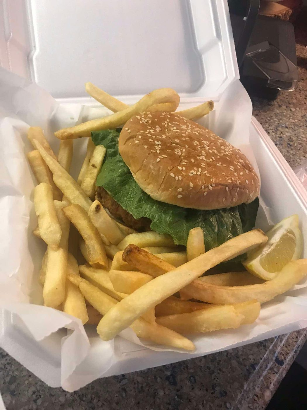 Seafood burger and fries