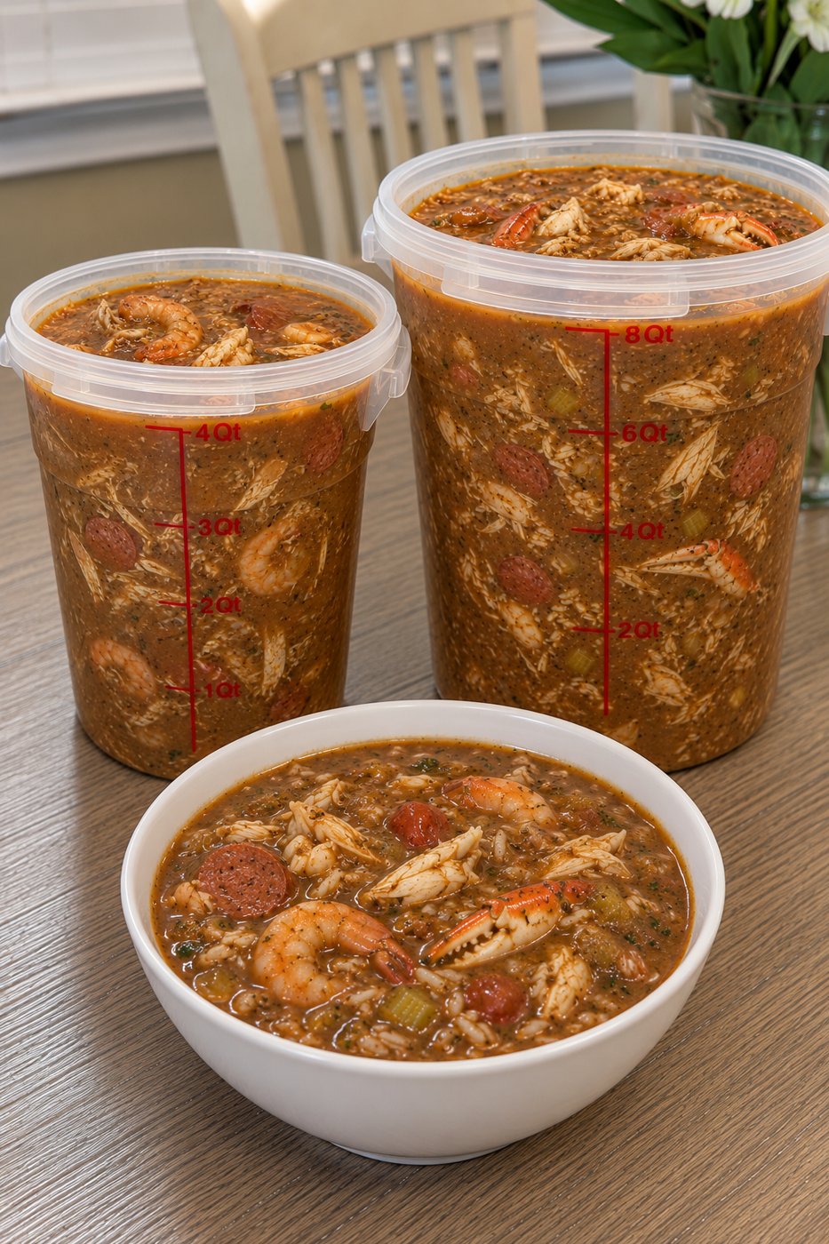 Seafood gumbo in a 4 quart and an 8 quart container, with a bowl served