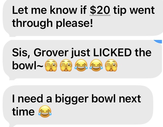 Sis, Grover just LICKED the bowl. I need a bigger bowl next time